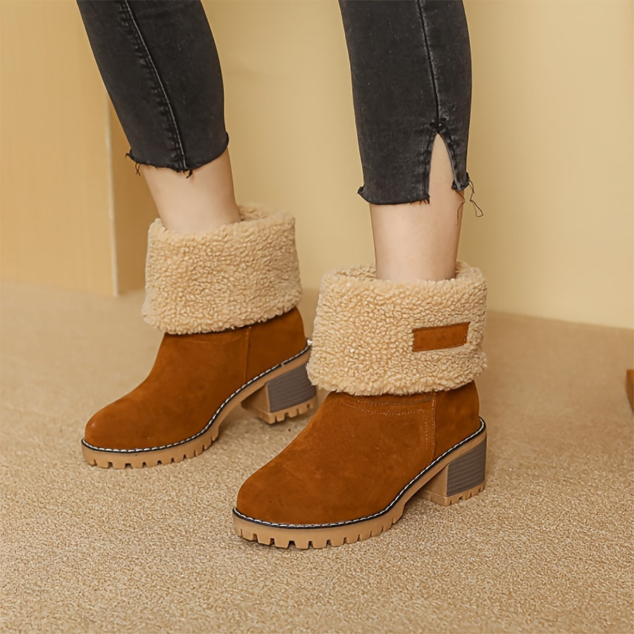 Cuffed Ankle Boots with Plush Lining and Block Heel