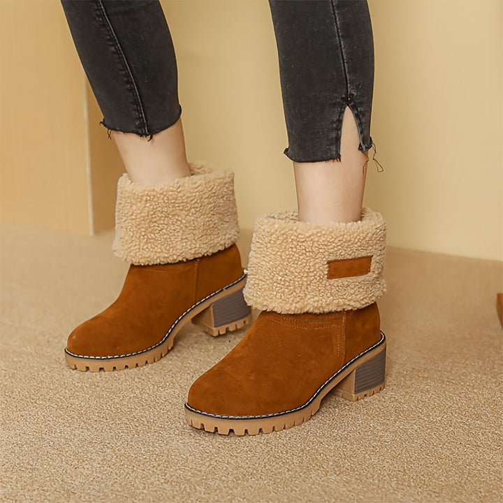 Cuffed Ankle Boots with Plush Lining and Block Heel