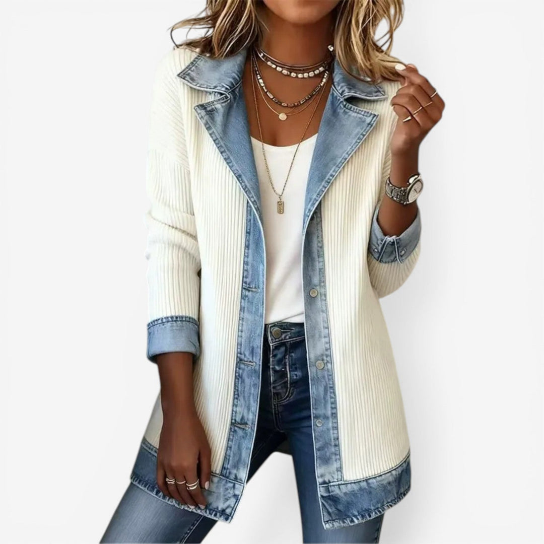 Denim-Trim Knit Longline Jacket with Layered Collar and Button Front