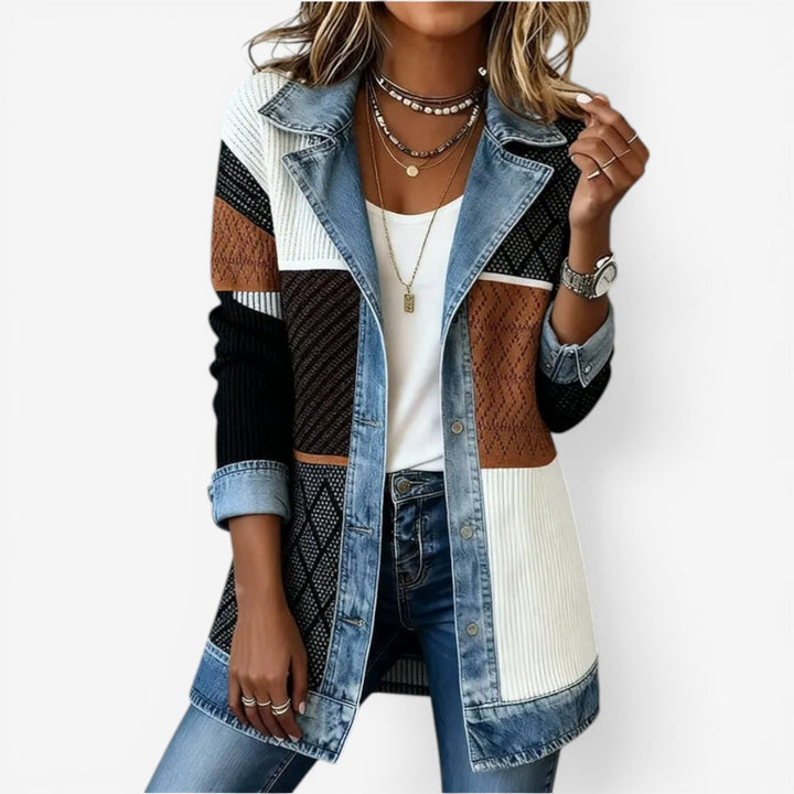 Denim-Trim Knit Longline Jacket with Layered Collar and Button Front