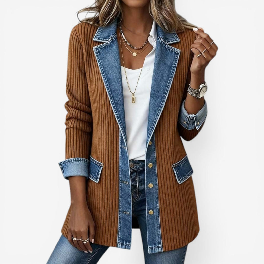 Denim-Trim Knit Longline Jacket with Layered Collar and Button Front