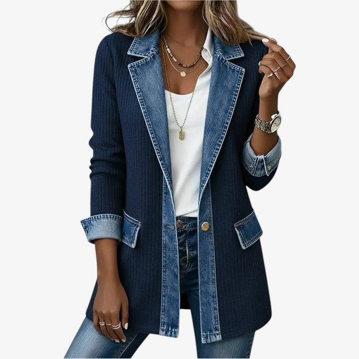 Denim-Trim Knit Longline Jacket with Layered Collar and Button Front