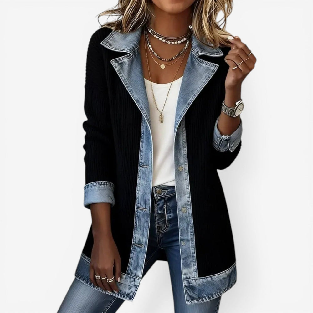 Denim-Trim Knit Longline Jacket with Layered Collar and Button Front - Marl & Mere