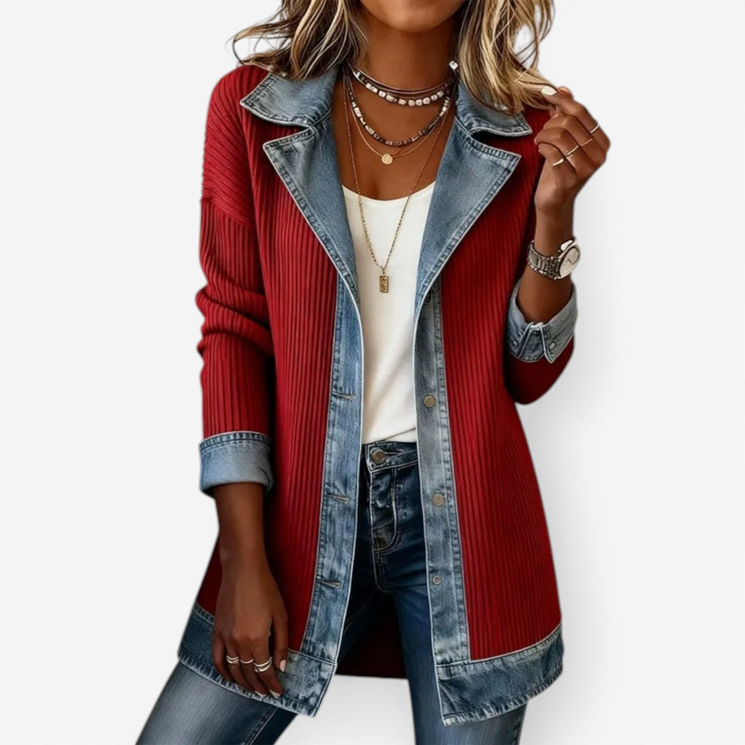 Denim-Trim Knit Longline Jacket with Layered Collar and Button Front - Marl &amp; Mere