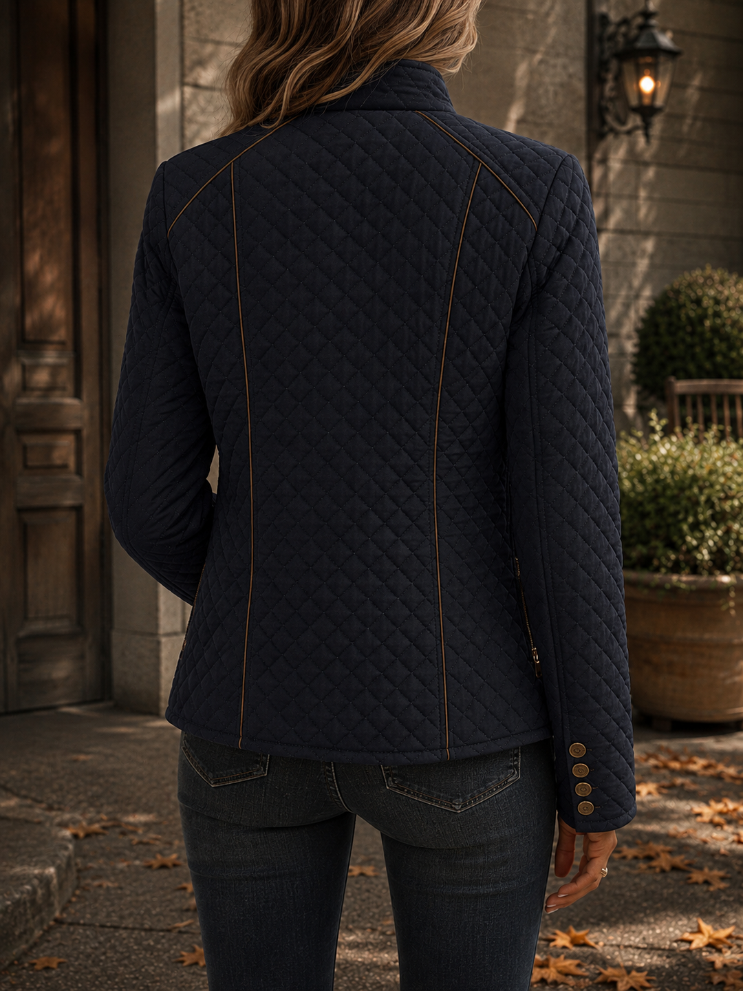Diamond Quilted Padded Jacket with Stand Collar and Contrast Piping Trim