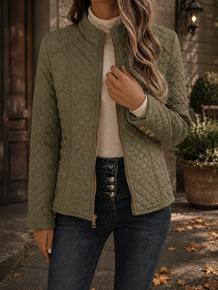 Diamond Quilted Padded Jacket with Stand Collar and Contrast Piping Trim