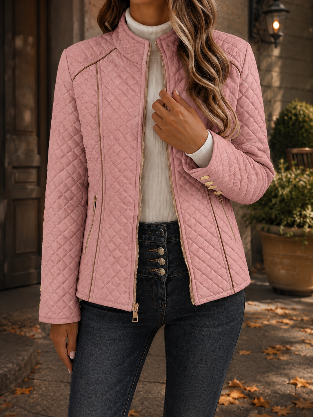 Diamond Quilted Padded Jacket with Stand Collar and Contrast Piping Trim