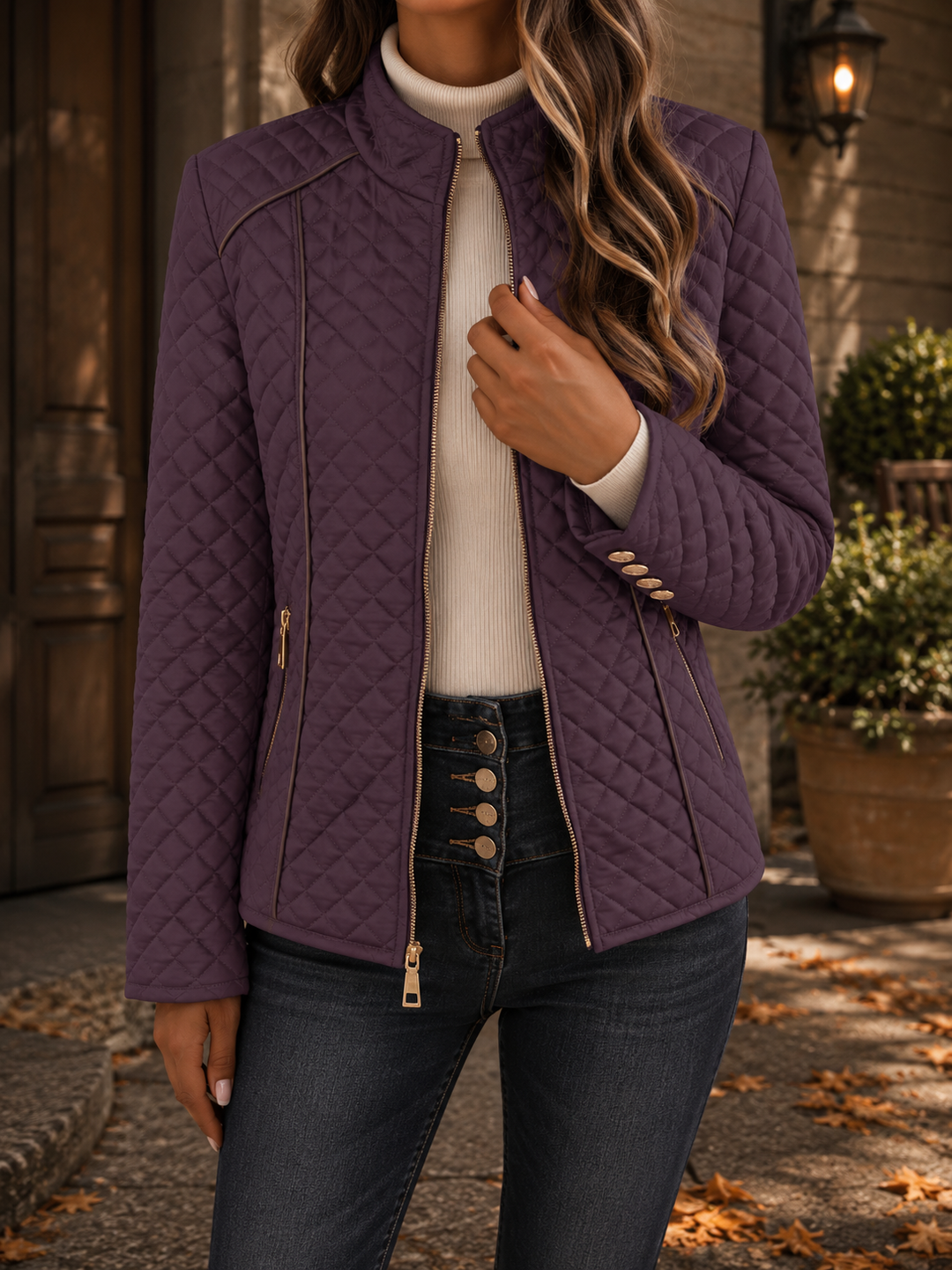 Diamond Quilted Padded Jacket with Stand Collar and Contrast Piping Trim