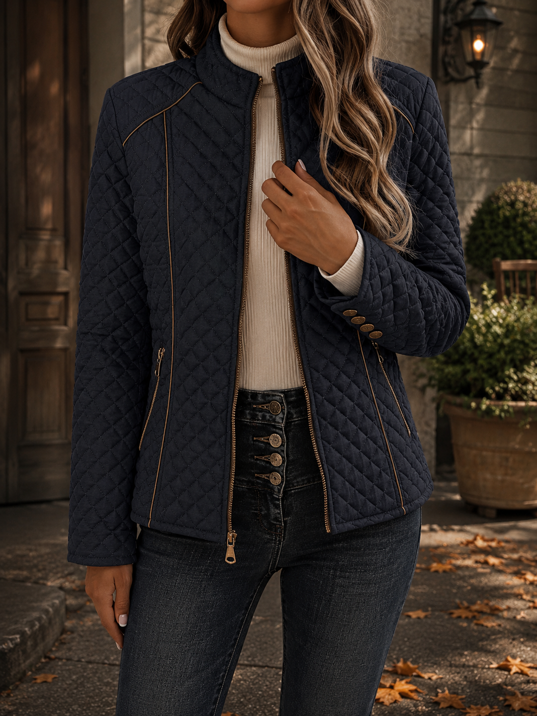 Diamond Quilted Padded Jacket with Stand Collar and Contrast Piping Trim - Marl & Mere