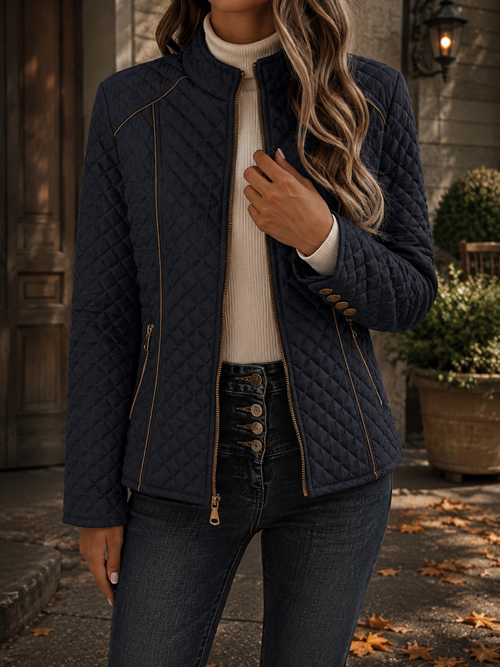 Diamond Quilted Padded Jacket with Stand Collar and Contrast Piping Trim - Marl &amp; Mere