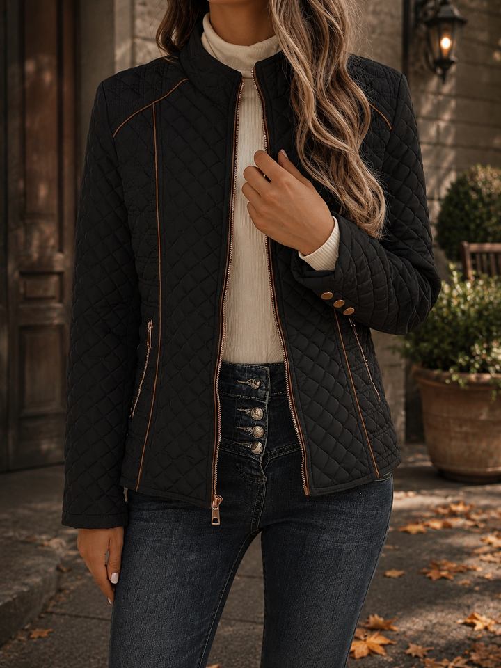 Diamond Quilted Padded Jacket with Stand Collar and Contrast Piping Trim - Marl &amp; Mere