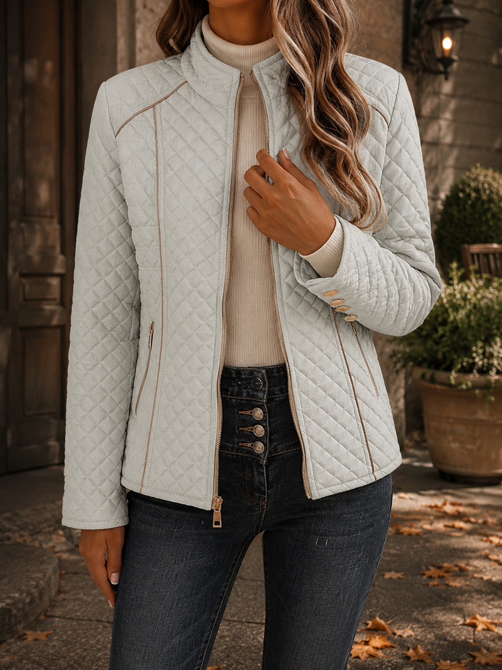 Diamond Quilted Padded Jacket with Stand Collar and Contrast Piping Trim - Marl &amp; Mere