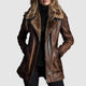 Distressed Leather Jacket with Shearling Fur Collar and Offset Zip Front