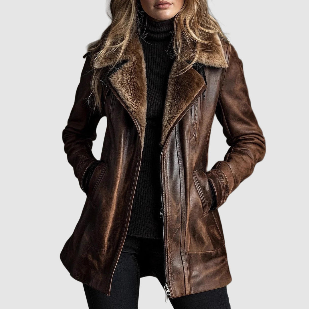Distressed Leather Jacket with Shearling Fur Collar and Offset Zip Front