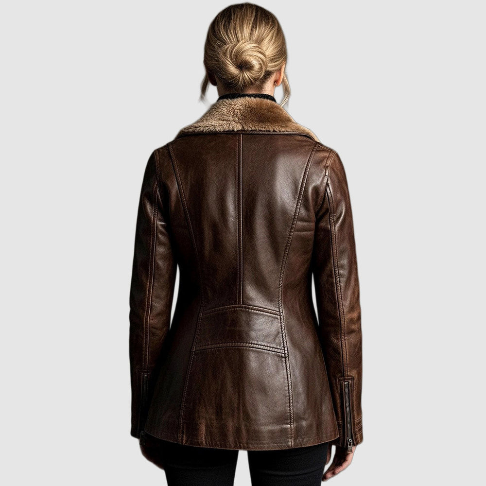 Distressed Leather Jacket with Shearling Fur Collar and Offset Zip Front