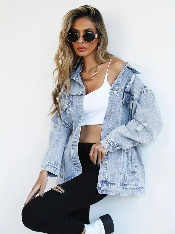 Distressed Oversized Denim Jacket with Ripped and Frayed Details