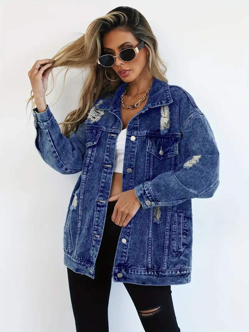 Distressed Oversized Denim Jacket with Ripped and Frayed Details