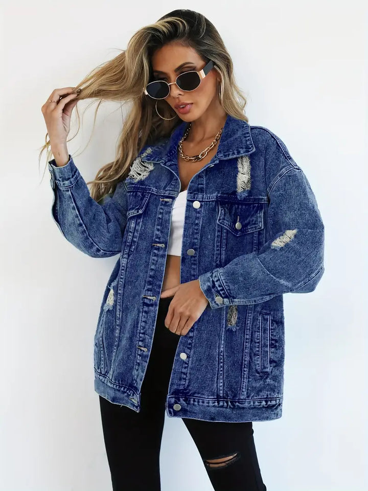 Distressed Oversized Denim Jacket with Ripped and Frayed Details
