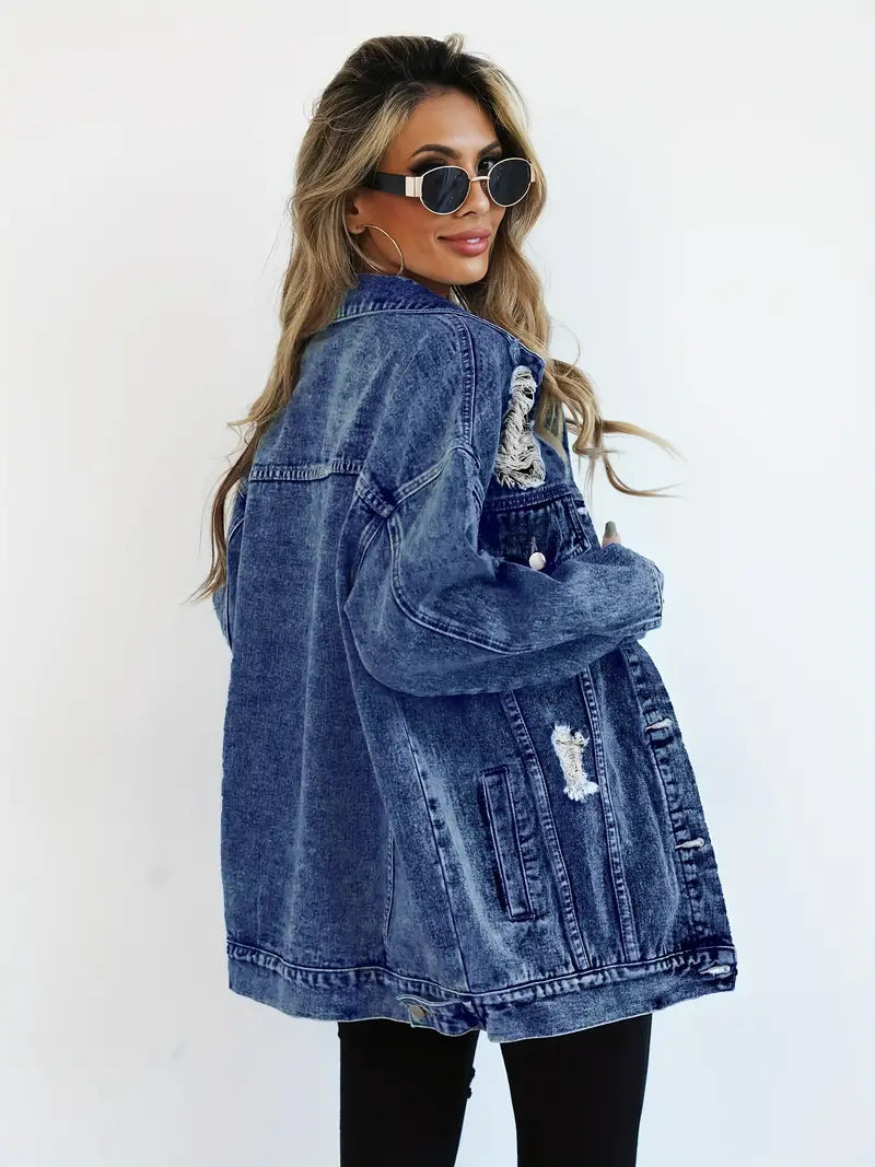 Distressed Oversized Denim Jacket with Ripped and Frayed Details
