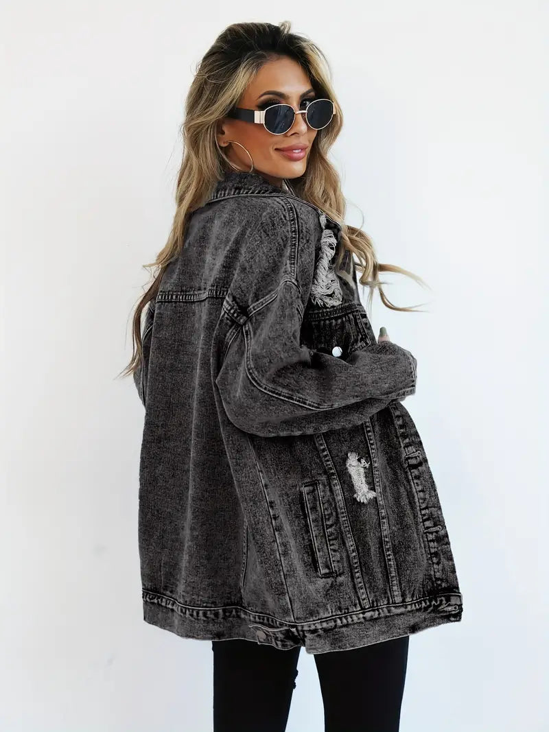 Distressed Oversized Denim Jacket with Ripped and Frayed Details