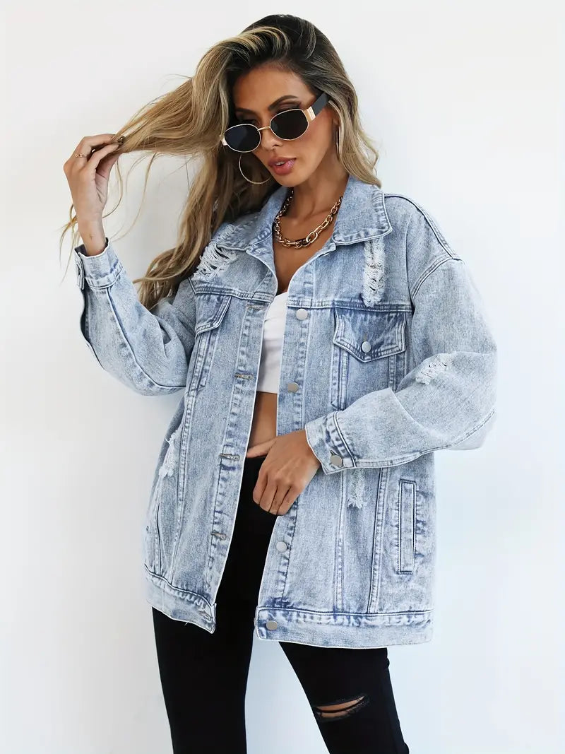 Distressed Oversized Denim Jacket with Ripped and Frayed Details - Marl & Mere
