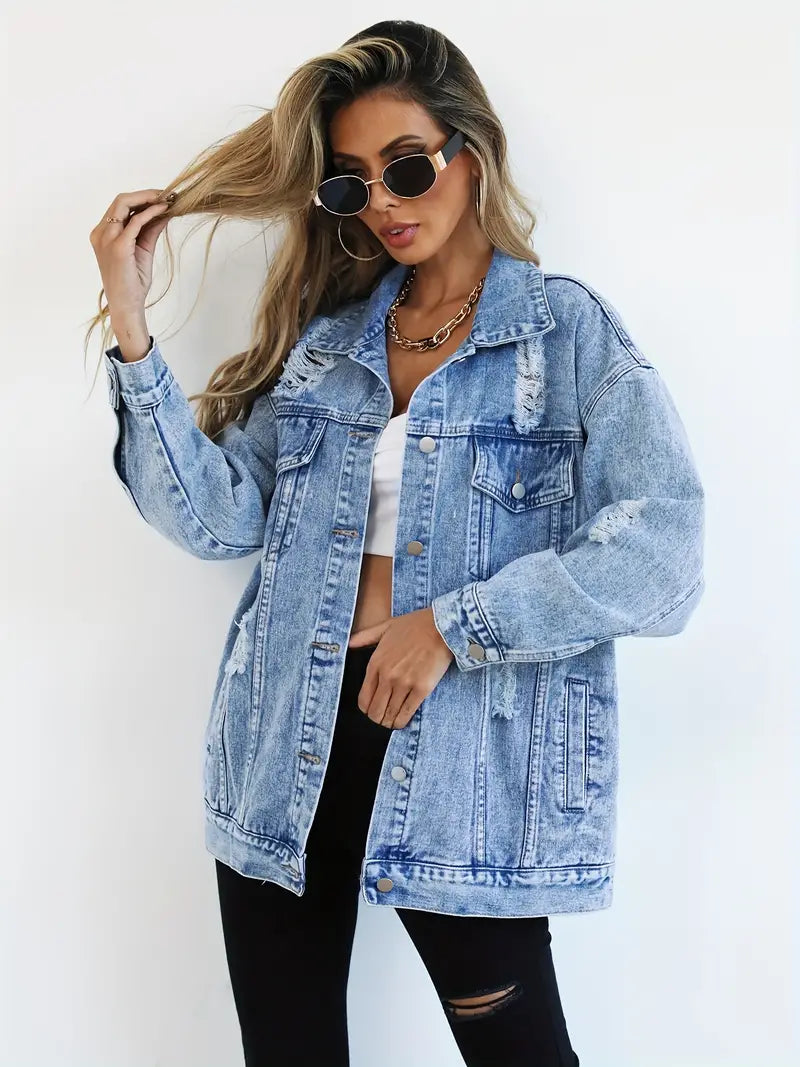 Distressed Oversized Denim Jacket with Ripped and Frayed Details - Marl &amp; Mere