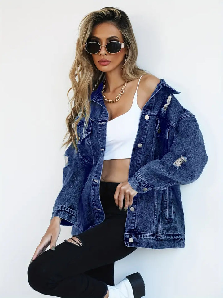 Distressed Oversized Denim Jacket with Ripped and Frayed Details - Marl &amp; Mere