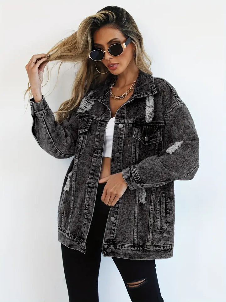 Distressed Oversized Denim Jacket with Ripped and Frayed Details - Marl &amp; Mere
