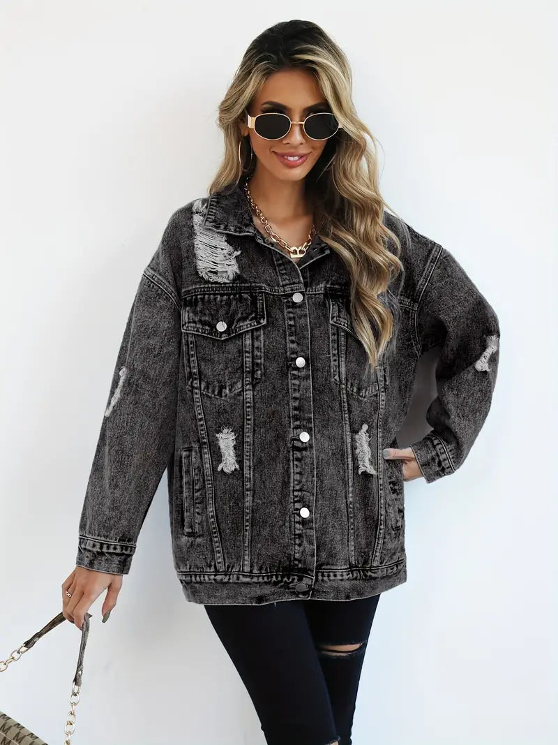 Distressed Oversized Denim Jacket with Ripped and Frayed Details - Marl &amp; Mere
