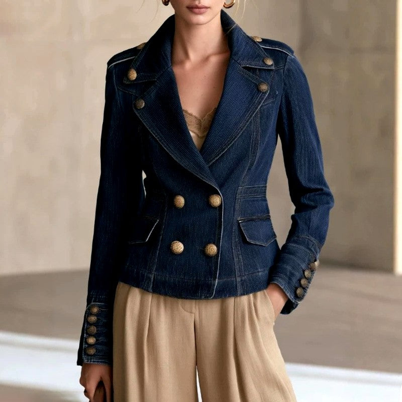 Double-Breasted Denim Blazer with Metal Buttons and Fitted Waist