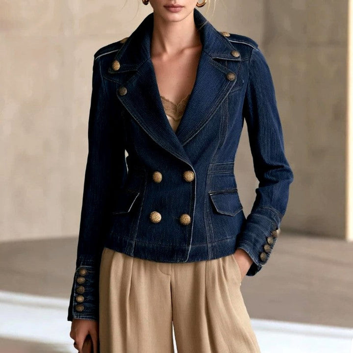 Double-Breasted Denim Blazer with Metal Buttons and Fitted Waist