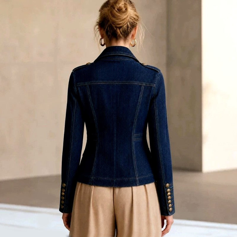 Double-Breasted Denim Blazer with Metal Buttons and Fitted Waist