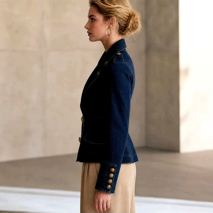 Double-Breasted Denim Blazer with Metal Buttons and Fitted Waist
