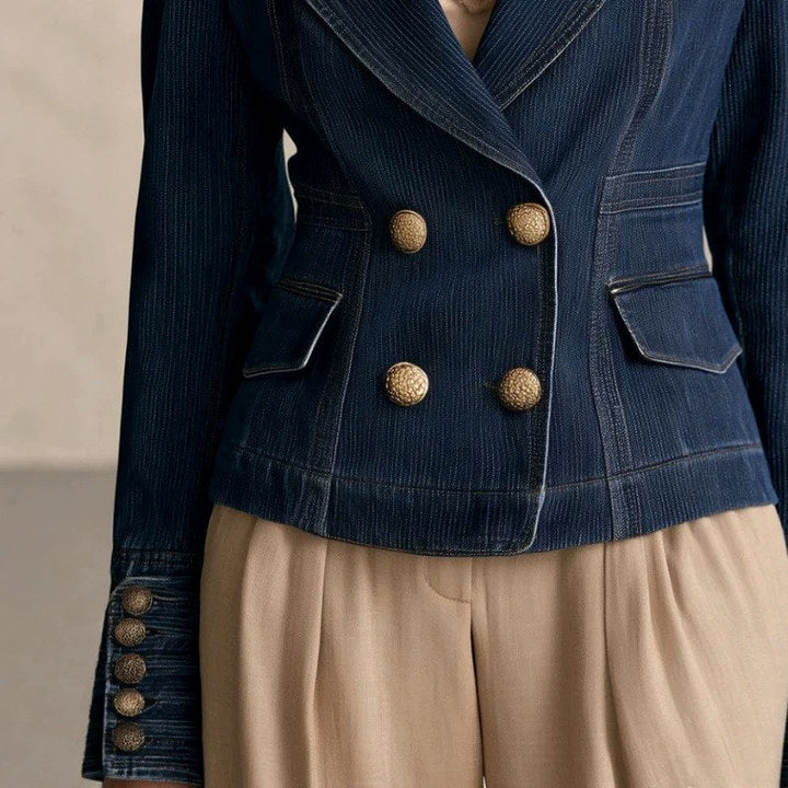Double-Breasted Denim Blazer with Metal Buttons and Fitted Waist - Marl &amp; Mere