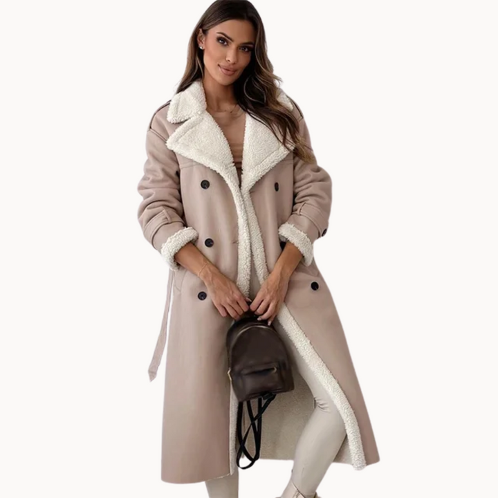 Double-Breasted Faux Leather Coat with Shearling Trim and Tie Belt