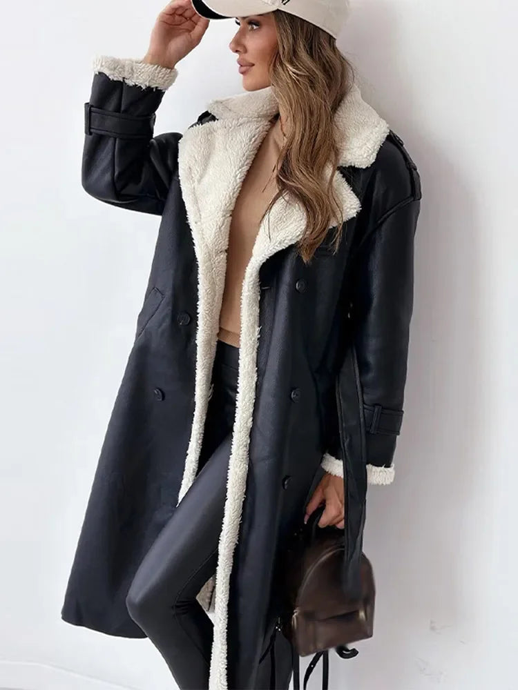 Double-Breasted Faux Leather Coat with Shearling Trim and Tie Belt