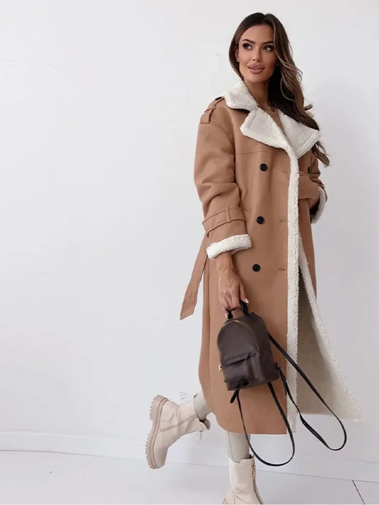 Double-Breasted Faux Leather Coat with Shearling Trim and Tie Belt