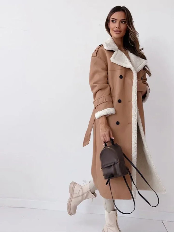Double-Breasted Faux Leather Coat with Shearling Trim and Tie Belt
