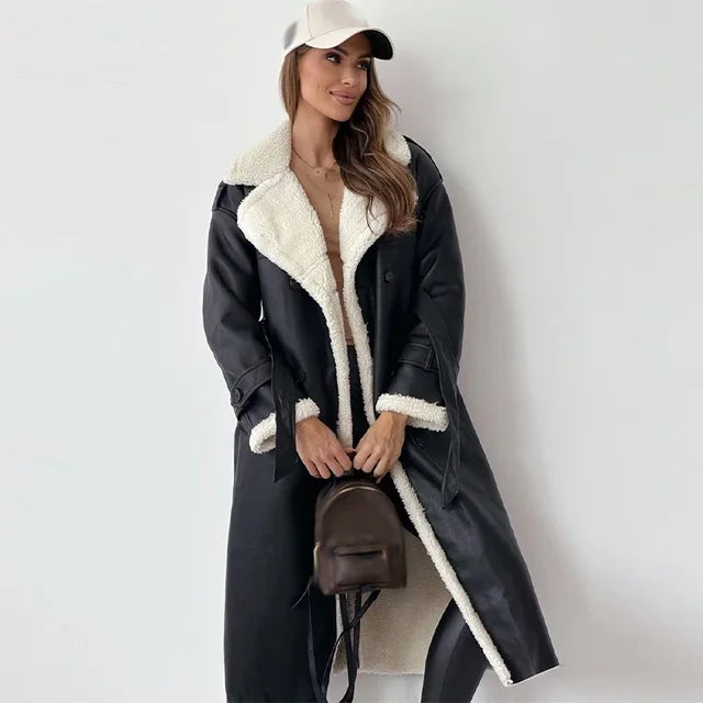 Double-Breasted Faux Leather Coat with Shearling Trim and Tie Belt