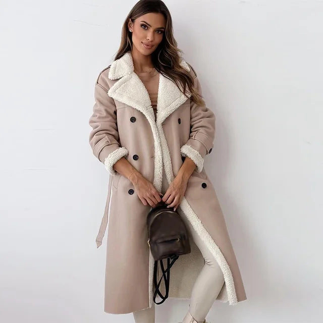 Double-Breasted Faux Leather Coat with Shearling Trim and Tie Belt