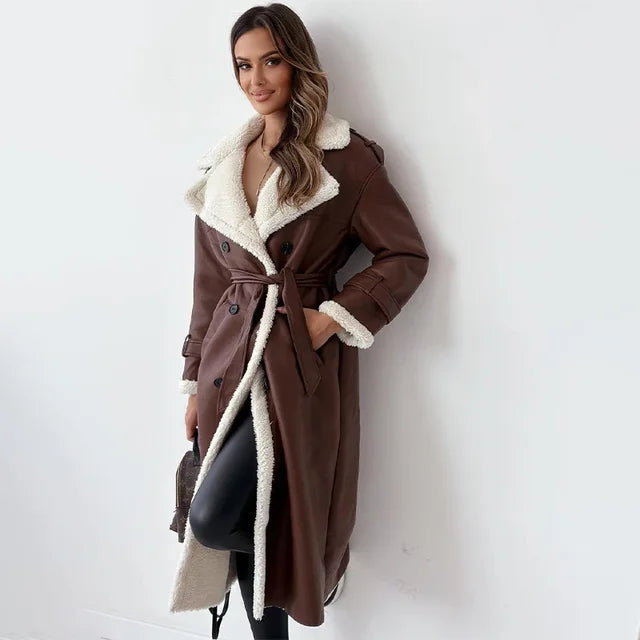 Double-Breasted Faux Leather Coat with Shearling Trim and Tie Belt
