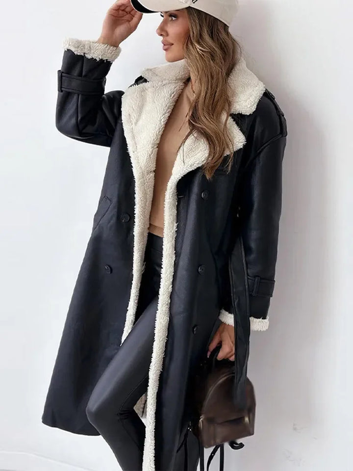 Double-Breasted Faux Leather Coat with Shearling Trim and Tie Belt - Marl &amp; Mere