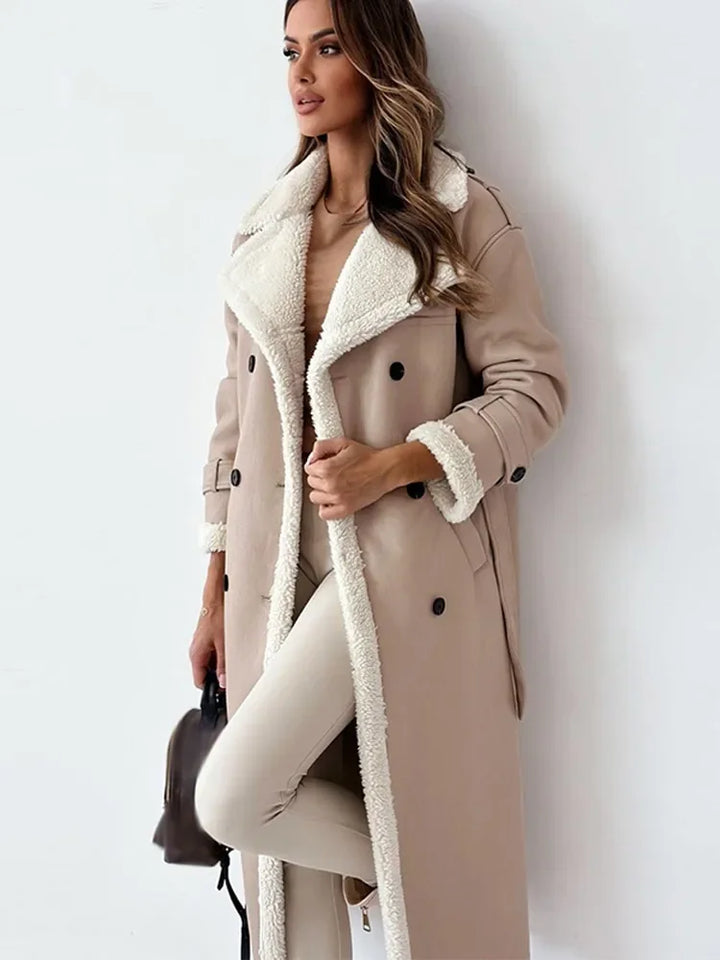 Double-Breasted Faux Leather Coat with Shearling Trim and Tie Belt - Marl &amp; Mere