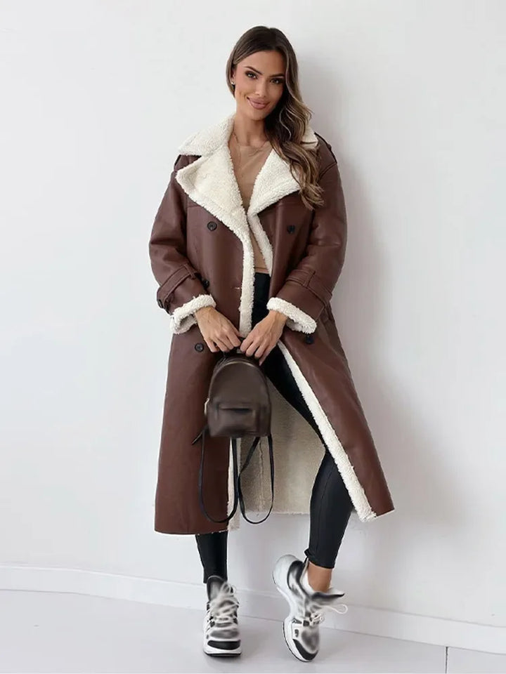 Double-Breasted Faux Leather Coat with Shearling Trim and Tie Belt - Marl &amp; Mere