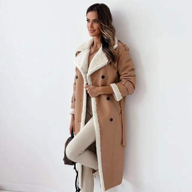 Double-Breasted Faux Leather Coat with Shearling Trim and Tie Belt - Marl &amp; Mere