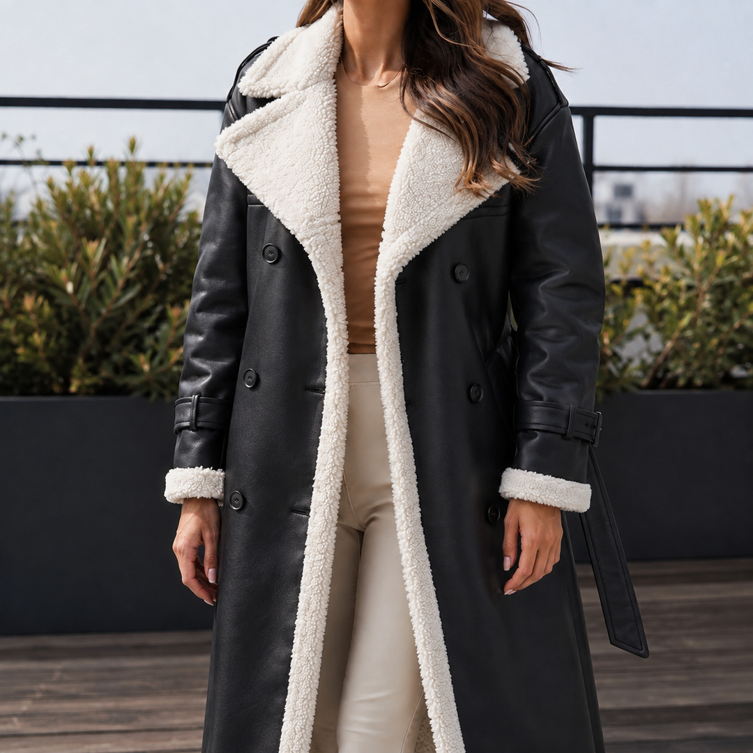 Double-Breasted Faux Leather Coat with Sherpa Collar, Cuffs and Belt