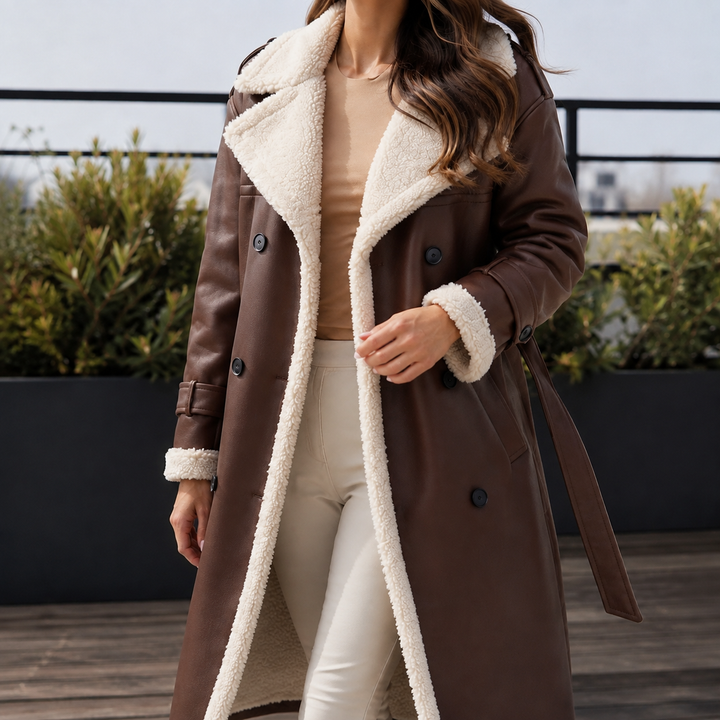 Double-Breasted Faux Leather Coat with Sherpa Collar, Cuffs and Belt