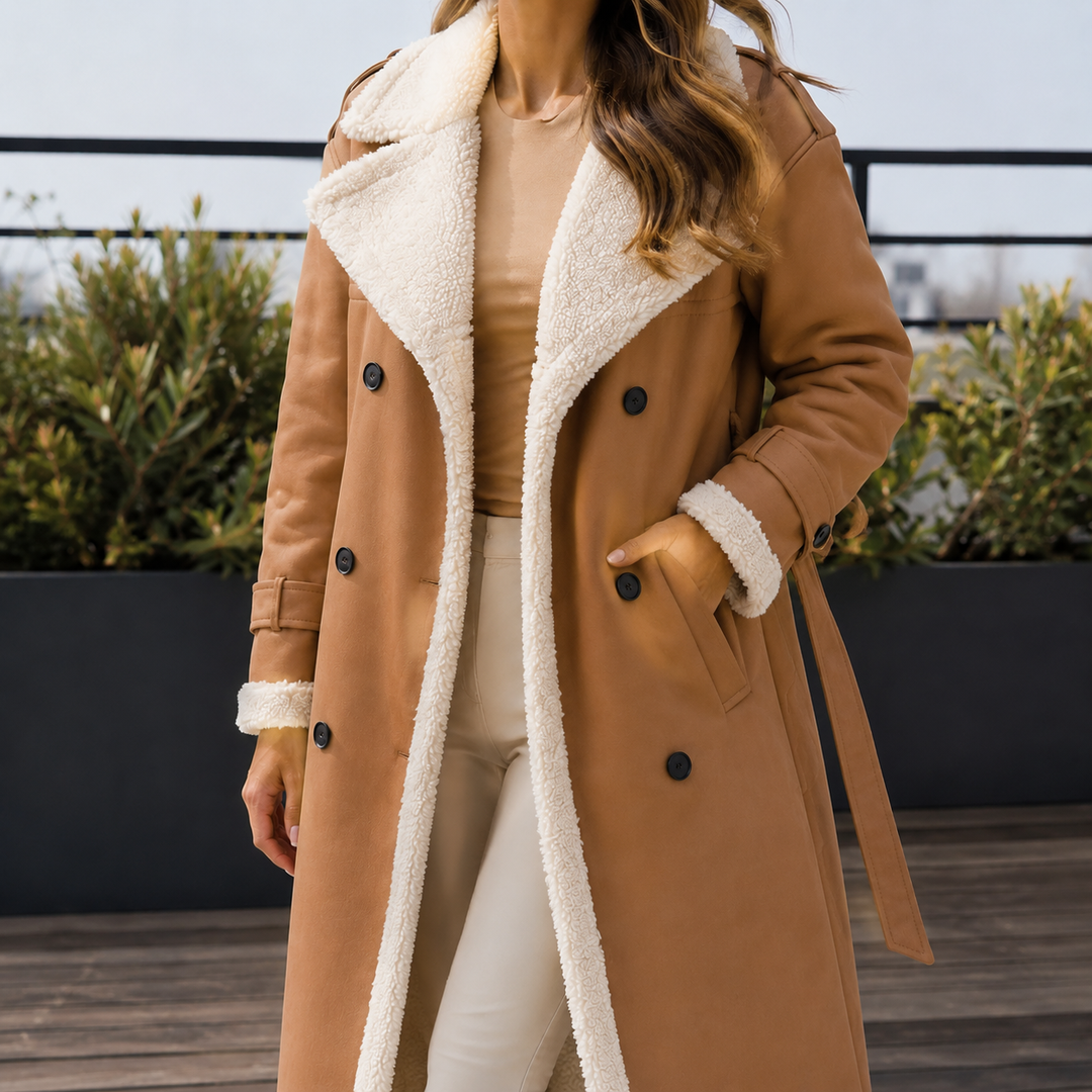 Double-Breasted Faux Leather Coat with Sherpa Collar, Cuffs and Belt - Marl &amp; Mere