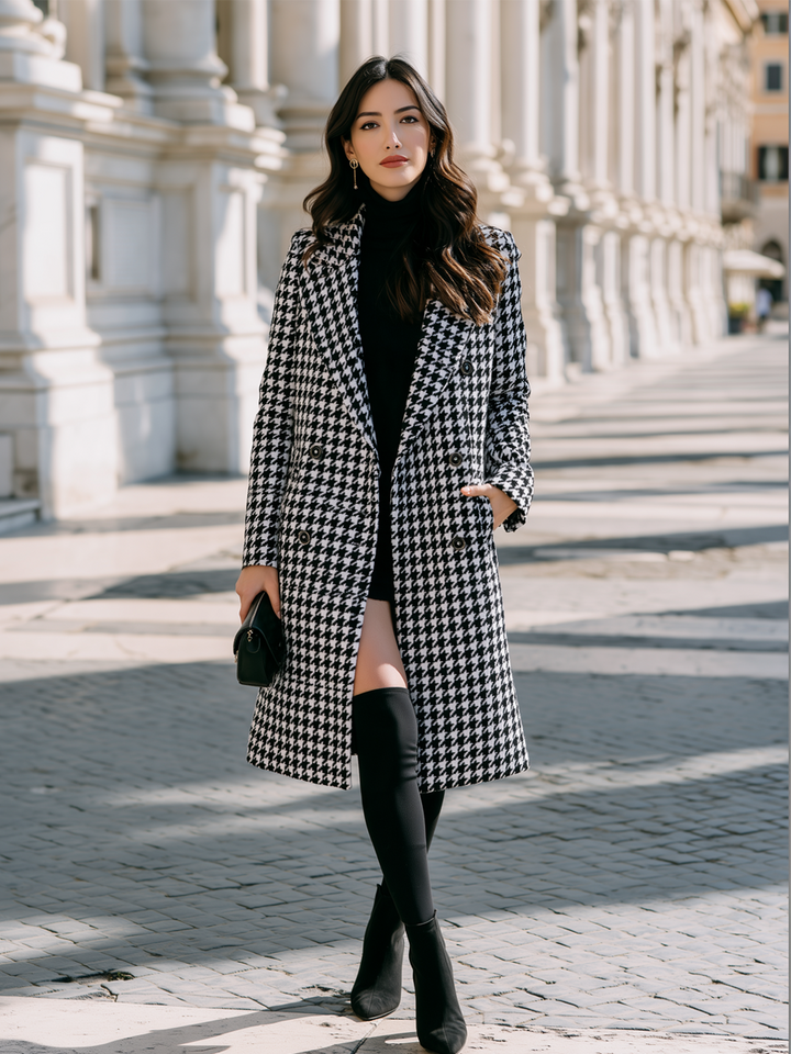 Double-Breasted Houndstooth Wool-Look Longline Coat - Marl &amp; Mere