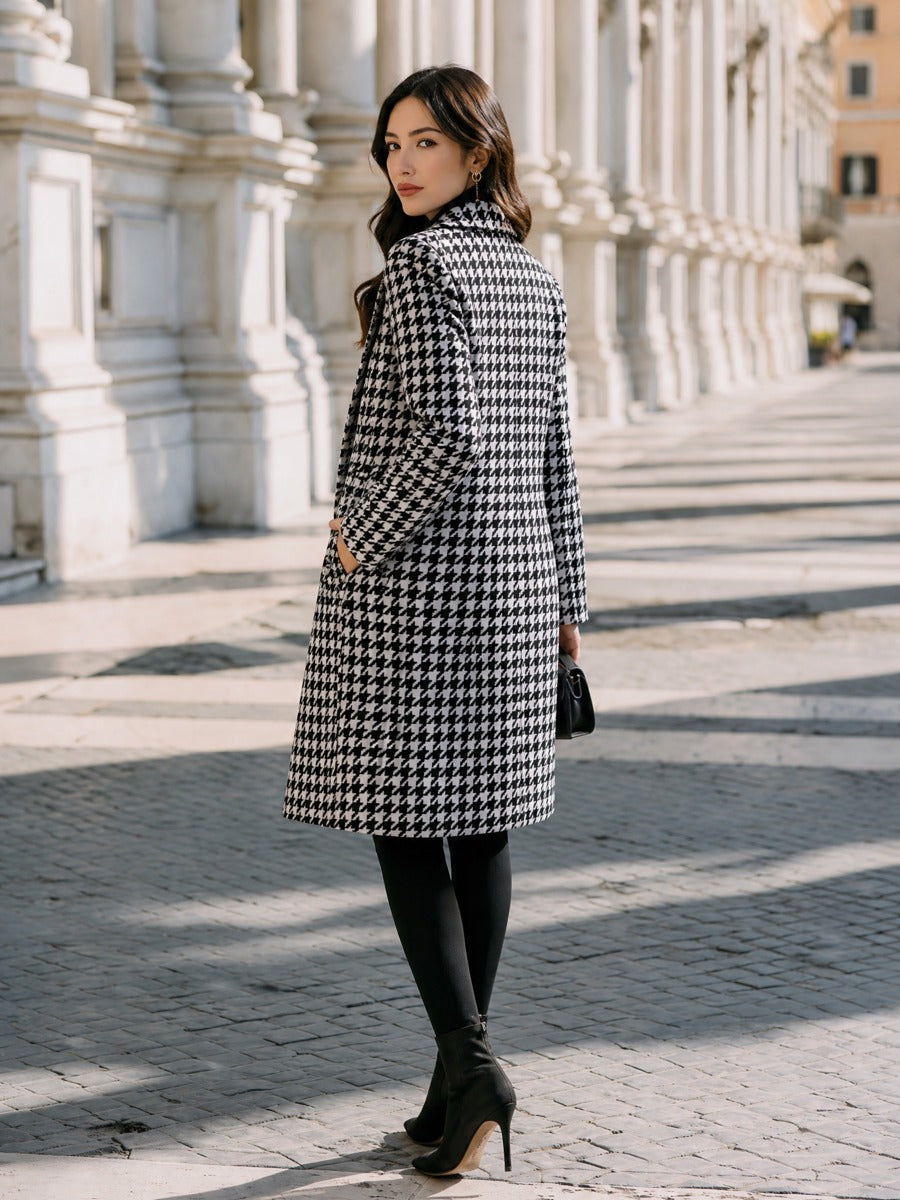 Double-Breasted Houndstooth Wool-Look Longline Coat - Marl & Mere